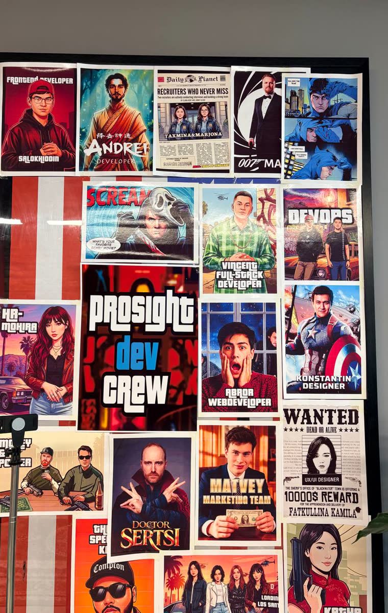 Prosight Dev Crew posters in the office